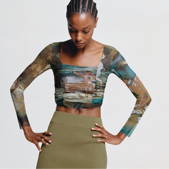 Zara × Disney Bambi Draped Tulle Sheer Mesh Long Sleeve Crop size Small - Picture 1 of 7